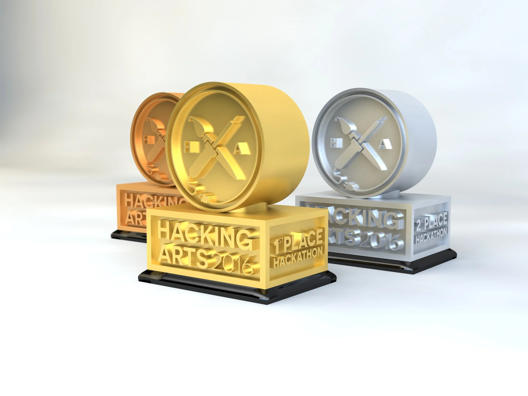 Troféus do hackathon, desenhados e finalizados por mim e impressos pelo nosso parceiro Formlabs.